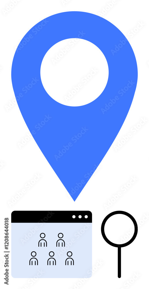 Map pin over web window with user icons and magnifying glass symbolizing location tracking, user research, and search tools. Ideal for navigation, maps, analytics, data, apps, and abstract line flat Map pin over web window with user icons and magnifying glass symbolizing location tracking, user research, and search tools. Ideal for navigation, maps, analytics, data, apps, and abstract line flat