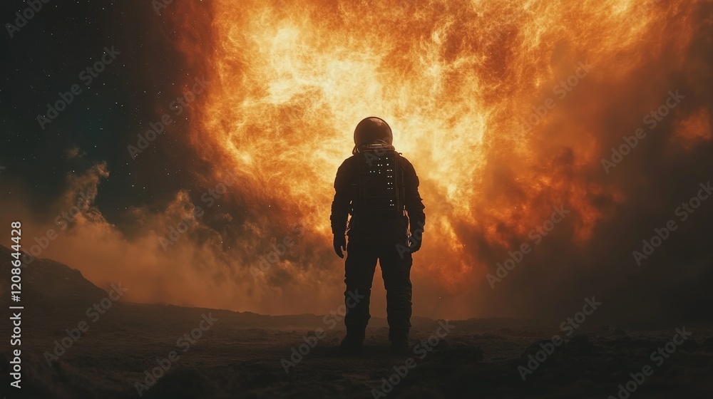 A lone astronaut standing on the surface of a dark, alien planet, looking at a massive, glowing nebula in the sky, melancholic and awe-inspiring A lone astronaut standing on the surface of a dark, alien planet, looking at a massive, glowing nebula in the sky, melancholic and awe-inspiring