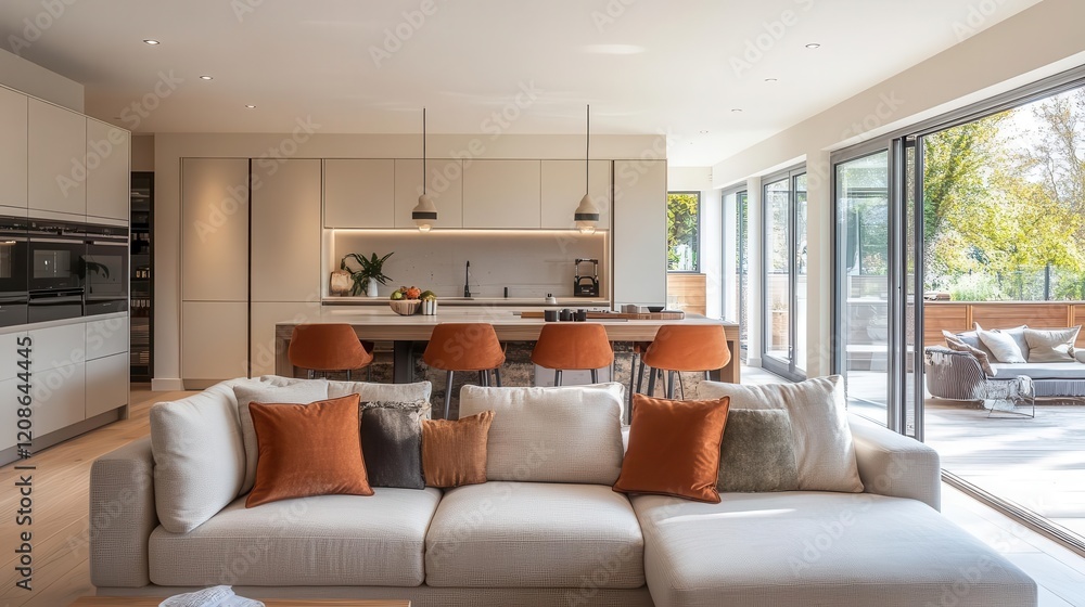 Open-plan living area, close-up of modern furniture blending into a sleek kitchen, bright and airy Open-plan living area, close-up of modern furniture blending into a sleek kitchen, bright and airy