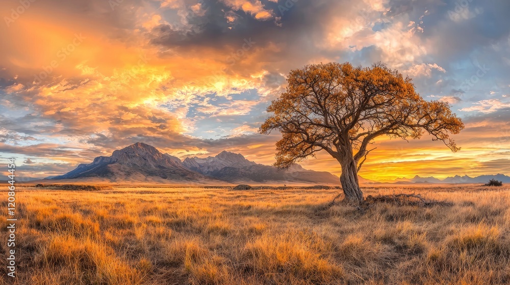 Lone tree sunrise, golden plains, mountain backdrop, serene landscape, nature photography Lone tree sunrise, golden plains, mountain backdrop, serene landscape, nature photography