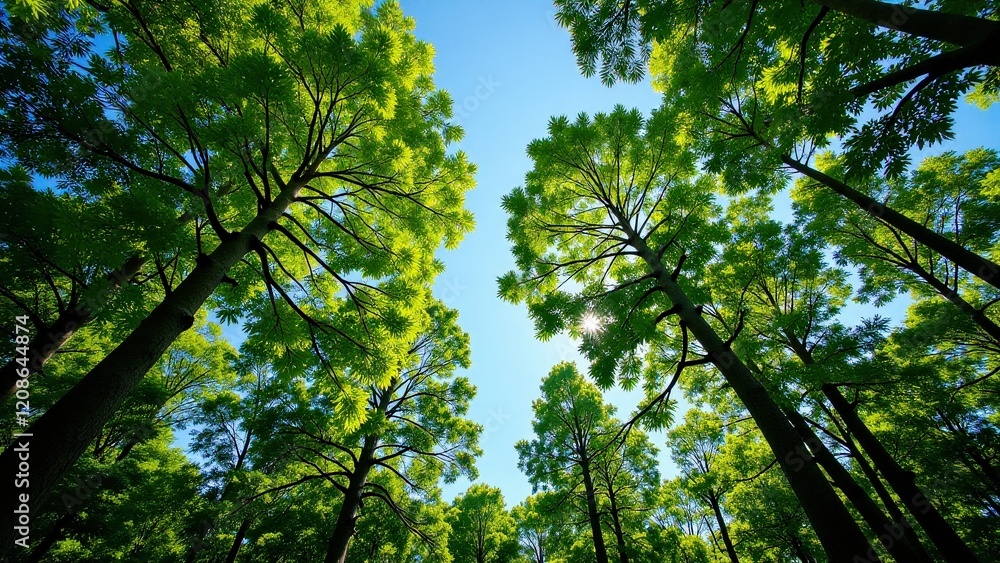 Sun-kissed light dances through a canopy of towering trees, casting dappled shadows on the verdant forest floor, while a serene blue sky stretches above Sun-kissed light dances through a canopy of towering trees, casting dappled shadows on the verdant forest floor, while a serene blue sky stretches above