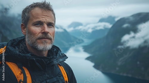 Mature man hiking fjord landscape, contemplating nature's beauty. Use Travel/adventure blog