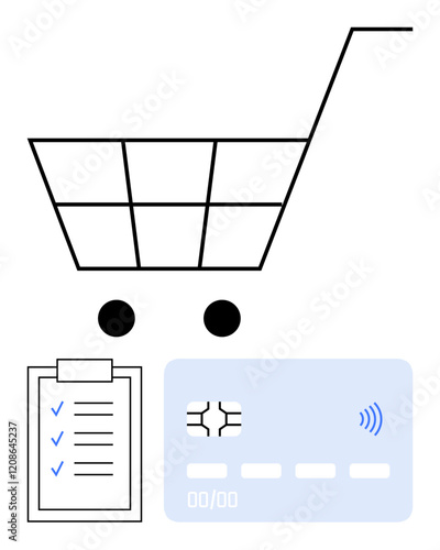 Shopping cart, clipboard checklist, and contactless payment card highlight key retail processes. Ideal for e-commerce, online payments, checkouts, transactions, consumer behavior, shopping habits