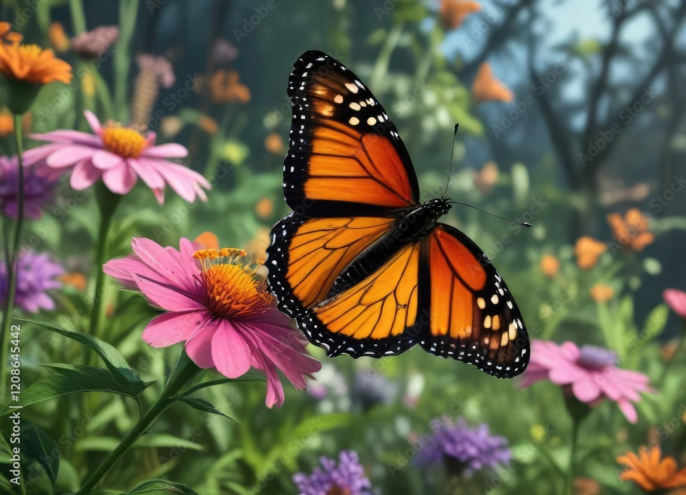 A solitary monarch butterfly sipping nectar from a flower in a garden full of butterflies, solitary, wildlife, garden A solitary monarch butterfly sipping nectar from a flower in a garden full of butterflies, solitary, wildlife, garden