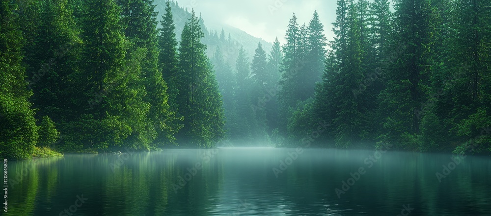 Misty lake in pine forest, serene nature Misty lake in pine forest, serene nature