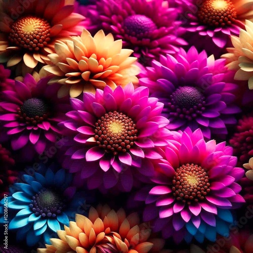 Flowers Floral Nature Plant Pattern dahlia. A lively bouquet of fully bloomed flowers, featuring vibrant red, pink, orange, yellow, blue, and purple blooms. The impressionist style enhances their vivi photo