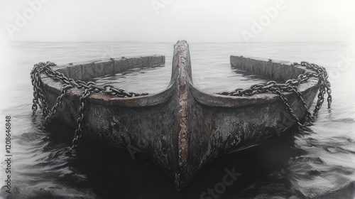 Chained, weathered boat adrift in foggy water.