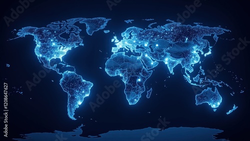 Elegantly designed world map with interconnected dotted lines, highlighting nations and continents. Dots shimmer softly against the deep blue backdrop, creating a sophisticated global tapestry