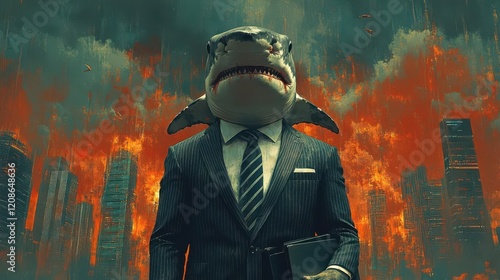 surreal digital painting of hammerhead shark in pinstripe suit corporate backdrop portfolio briefcase bloomberg terminal screens photo