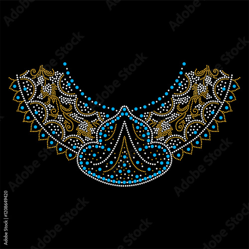 Rhinestone applique collar design for t-shirt or blouse hot-fix transfer. Abstract beautiful glitter applique rhinestone motif.	