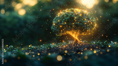 A surreal artistic representation of a brain shaped like a tree glowing with light symbolizing growth and creativity against a blurred forest background with minimalistic bright tones

 photo