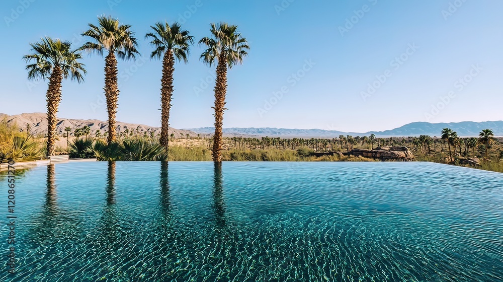 Three palm trees reflected in a luxurious infinity pool overlooking a desert landscape under a clear blue sky. Three palm trees reflected in a luxurious infinity pool overlooking a desert landscape under a clear blue sky.