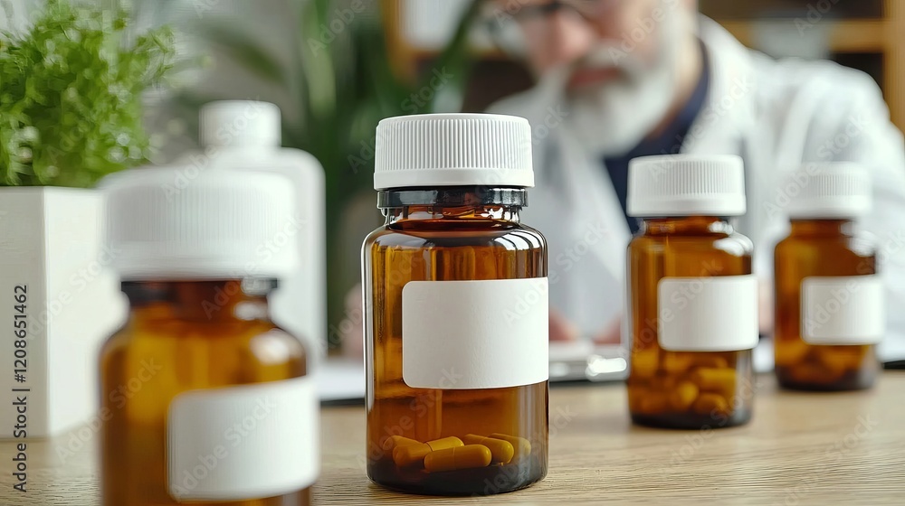 Close-up of amber medication bottles in a pharmacy setting with a blurred pharmacist in the background. Close-up of amber medication bottles in a pharmacy setting with a blurred pharmacist in the background.