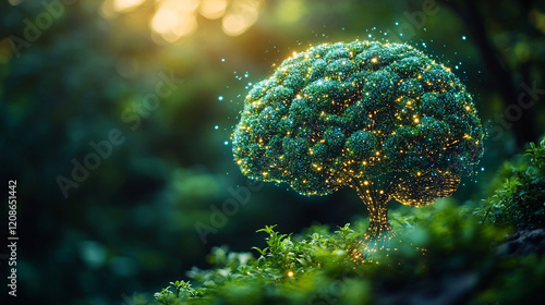 A surreal artistic representation of a brain shaped like a tree glowing with light symbolizing growth and creativity against a blurred forest background with minimalistic bright tones

 photo