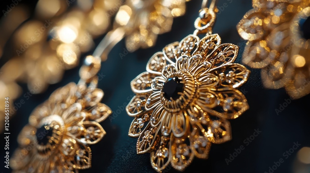 Statement earrings, close-up of bold earrings with intricate details, soft and elegant lighting Statement earrings, close-up of bold earrings with intricate details, soft and elegant lighting