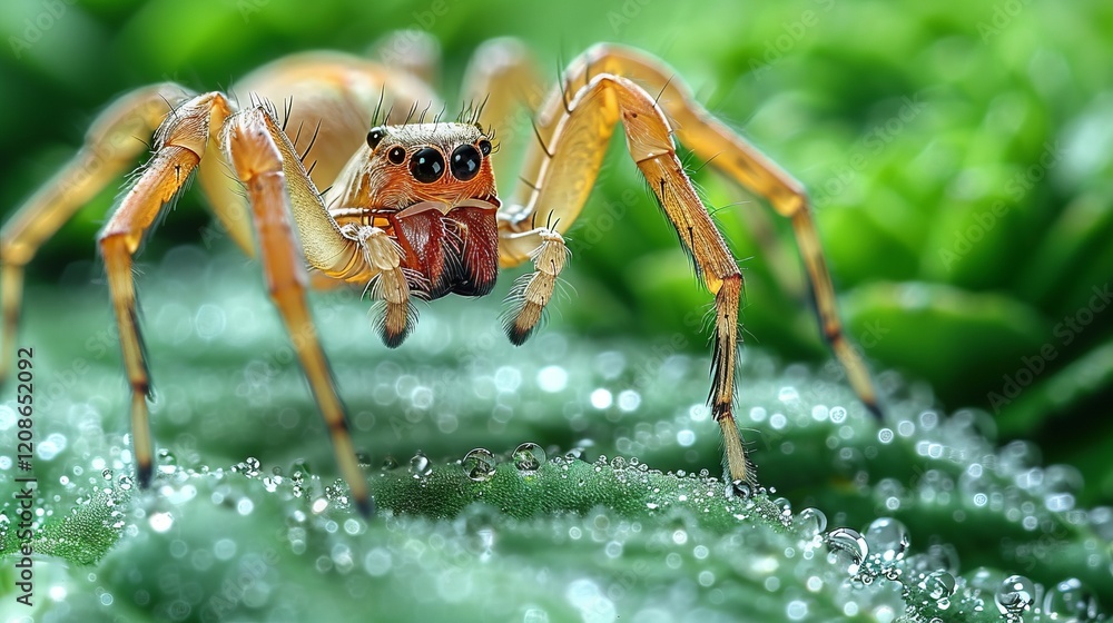 Close-up of a Jumping Spider on a Dew-Covered Leaf Close-up of a Jumping Spider on a Dew-Covered Leaf
