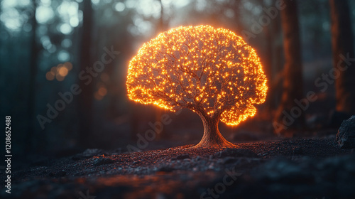 A surreal artistic representation of a brain shaped like a tree glowing with light symbolizing growth and creativity against a blurred forest background with minimalistic bright tones

 photo