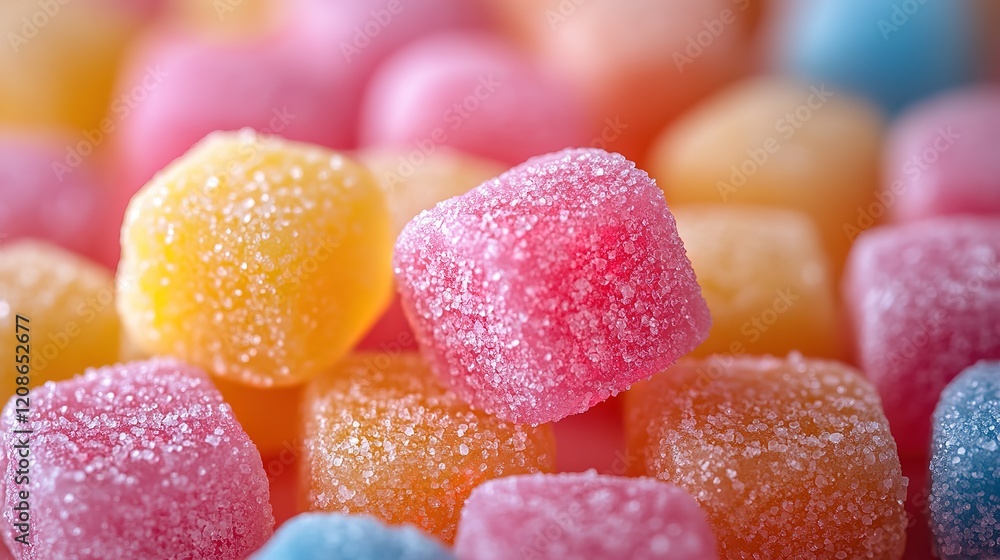 Close up of colorful gummy candies with a sugar coating for an eye catching background Close up of colorful gummy candies with a sugar coating for an eye catching background
