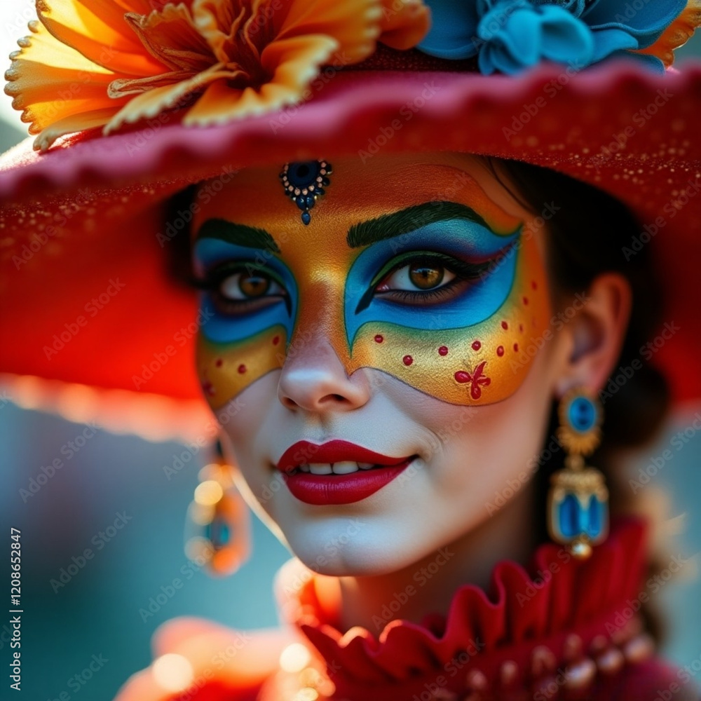 Close-up mujer disfrazada con la cara pintada tipo máscara alrededor de los ojos y colorida ropa de época en carnaval Close-up mujer disfrazada con la cara pintada tipo máscara alrededor de los ojos y colorida ropa de época en carnaval