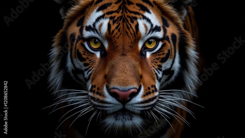 Intense gaze through golden eyes; vibrant orange, black, and white fur contrasts against a stark black backdrop, highlighting the majestic tiger face up-close indoors photo