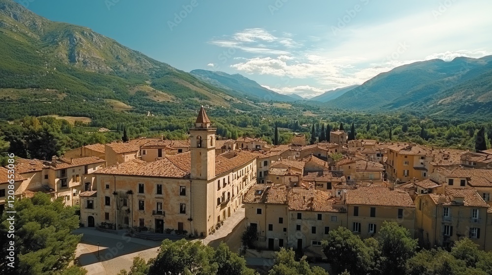 Obraz premium Mountain village aerial view, sunny valley, travel destination