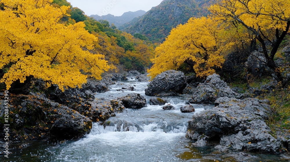 Autumn river valley, yellow trees, flowing water, misty mountains, nature scene, scenic wallpaper Autumn river valley, yellow trees, flowing water, misty mountains, nature scene, scenic wallpaper
