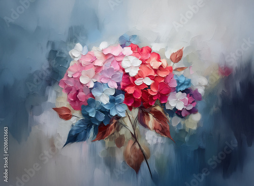 A vibrant bouquet of hydrangeas in pink, red, and blue hues, blossoms against a soft, impressionistic blue-grey background.  The leaves are a mix of greens and browns, adding depth and texture. photo