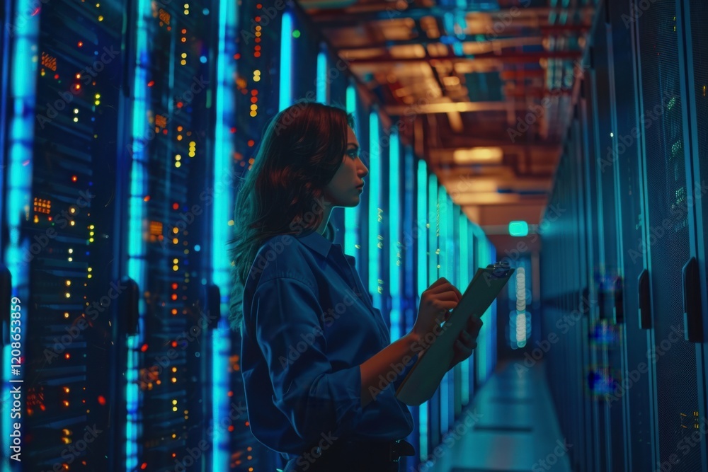 Obraz premium Woman Inspecting Servers in Data Center