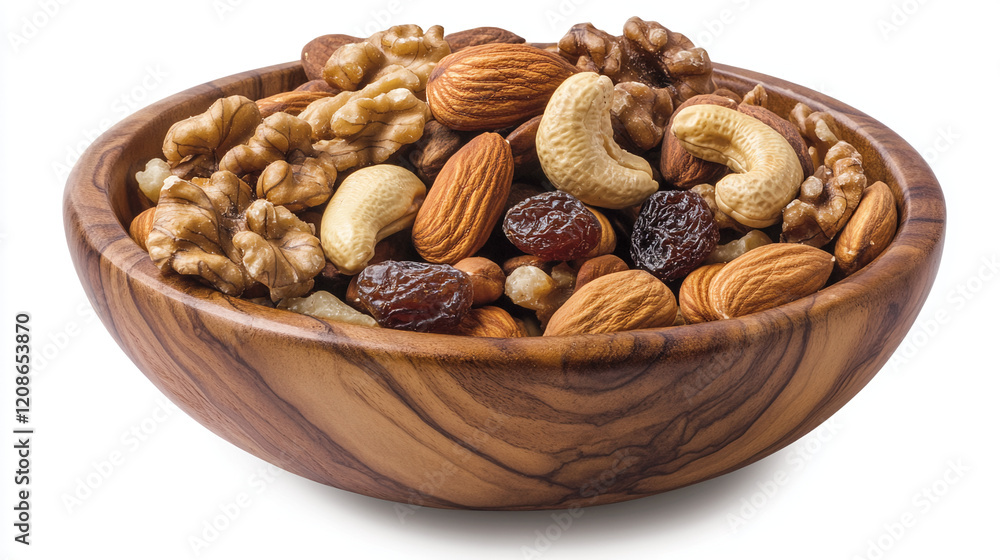 Delicious Mixed Nuts and Raisins in a Rustic Wooden Bowl, Healthy Snack, Gourmet Trail Mix, Almonds, Walnuts, Cashews, Delicious Mixed Nuts and Raisins in a Rustic Wooden Bowl, Healthy Snack, Gourmet Trail Mix, Almonds, Walnuts, Cashews,