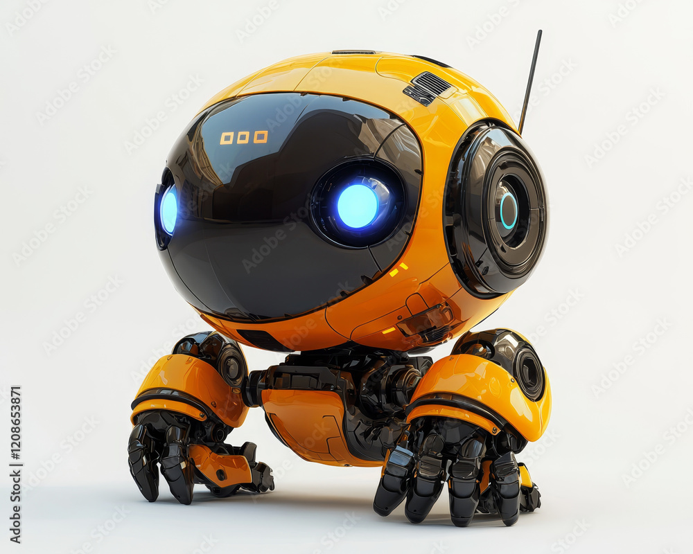 Cute, orange robot with glowing blue eyes. Cute, orange robot with glowing blue eyes.