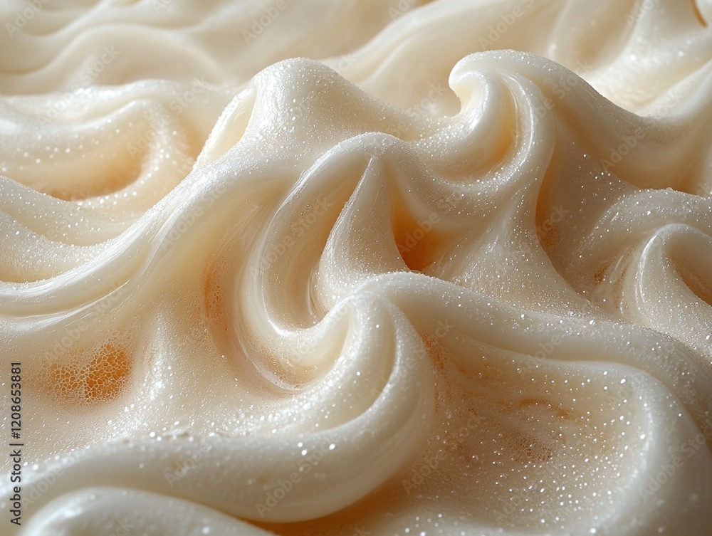 Creamy foam texture with swirling peaks and bubbles closeup Creamy foam texture with swirling peaks and bubbles closeup