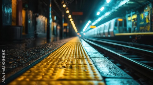 Subway station underground, close-up of tracks and approaching train, bustling city commute