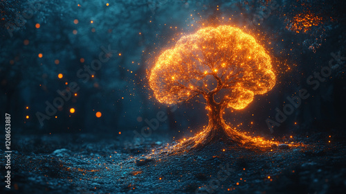 A surreal artistic representation of a brain shaped like a tree glowing with light symbolizing growth and creativity against a blurred forest background with minimalistic bright tones

 photo