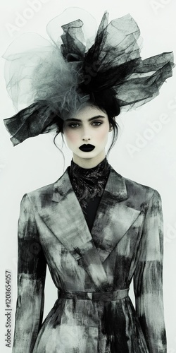 One woman fashion model wearing trendy black & white sea-witch outfit with intricate details that is beautiful, monochromatic cosmetics, luxurious and fun. generative ai