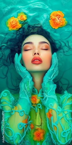 One woman a model wearing green and orange rococo revival outfit which is vintage, futuristic and fun and cosmetics are colorful. generative ai
