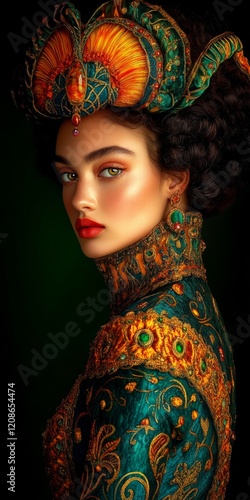 One woman fashion model wearing trendy green rococo revival outfit with intricate details that is beautiful, colorful, luxurious and fun generative ai