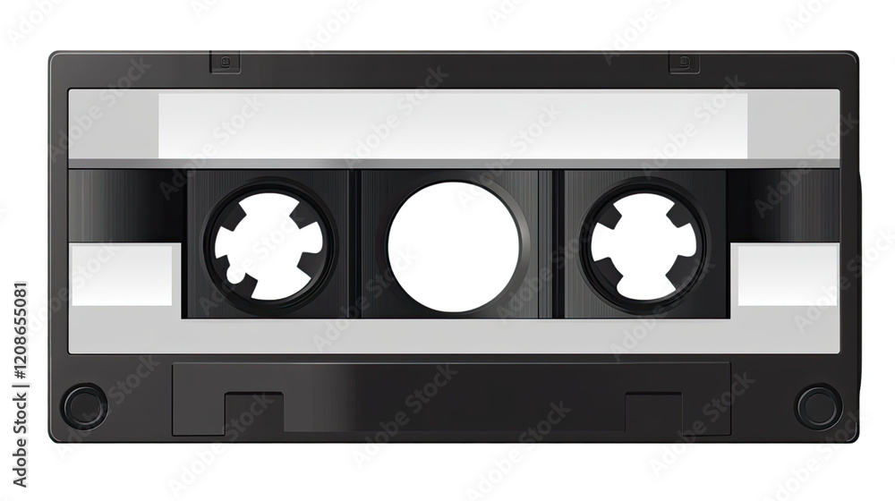 Naklejka premium Black Audio Cassette: A classic black cassette tape, a relic of the analog era. It's a tangible symbol of a bygone time. The blank cassette awaits its sonic imprint.