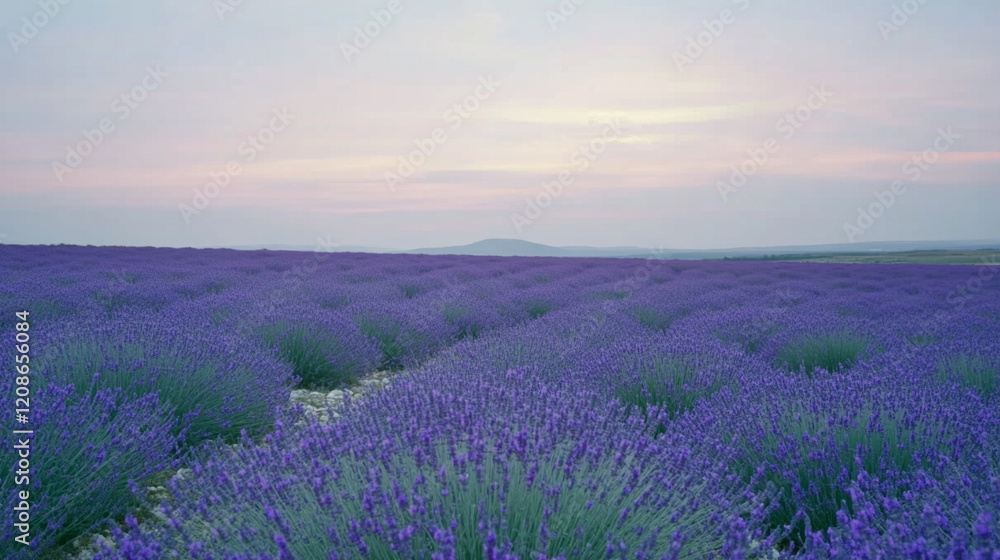 Naklejka premium A vast lavender field stretches under a soft pastel sky, symbolizing endless possibilities with a modern, minimalist feel and bright tones, leaving space for blank captions