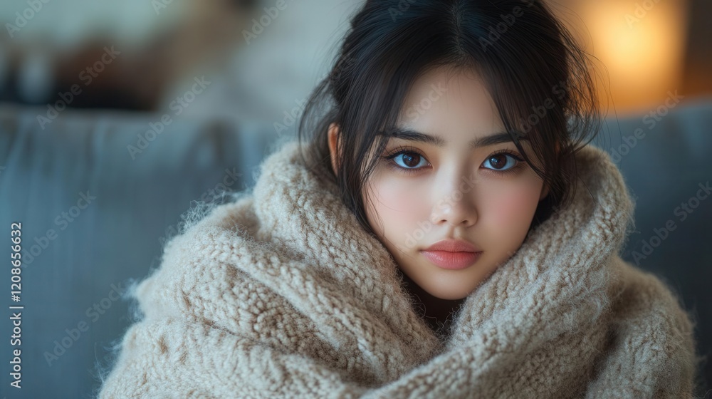 young asian woman wrapped in cozy blanket on modern gray sofa expressing discomfort and fatigue warm interior lighting highlighting genuine emotional vulnerability young asian woman wrapped in cozy blanket on modern gray sofa expressing discomfort and fatigue warm interior lighting highlighting genuine emotional vulnerability