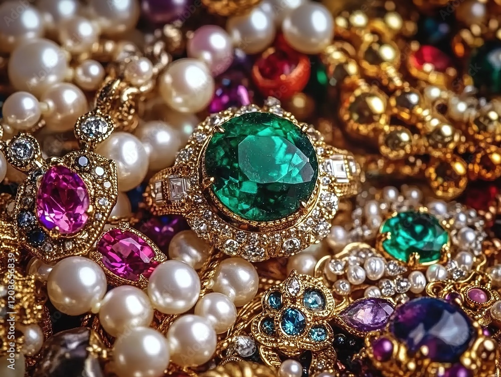 A colorful pile of jewels and pearls, including rings, necklaces, bracelets, earrings, and pendants. A colorful pile of jewels and pearls, including rings, necklaces, bracelets, earrings, and pendants.