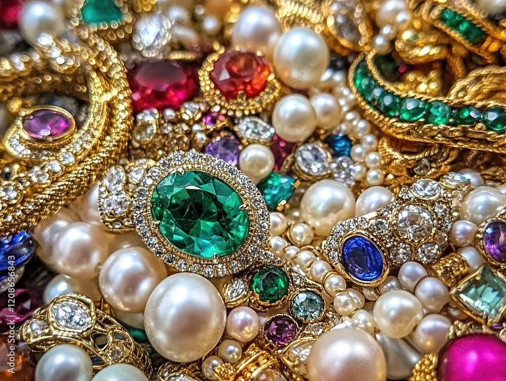 A colorful pile of jewels and pearls, including rings, necklaces, bracelets, earrings, and pendants. A colorful pile of jewels and pearls, including rings, necklaces, bracelets, earrings, and pendants.