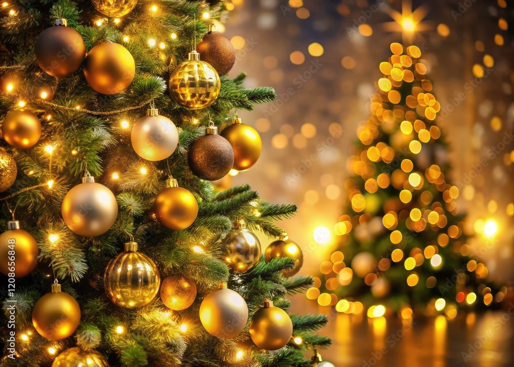 Elegant gold Christmas tree glows in a captivating long-exposure holiday photograph. Elegant gold Christmas tree glows in a captivating long-exposure holiday photograph.