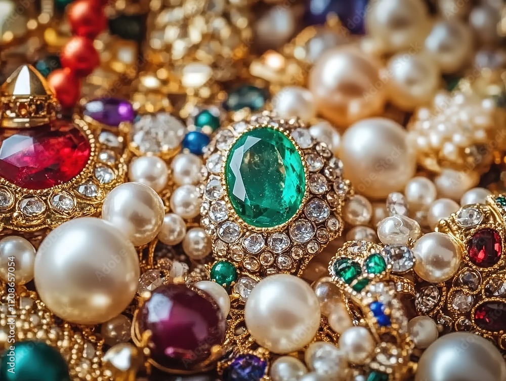 A colorful pile of jewels and pearls, including rings, necklaces, bracelets, earrings, and pendants. A colorful pile of jewels and pearls, including rings, necklaces, bracelets, earrings, and pendants.