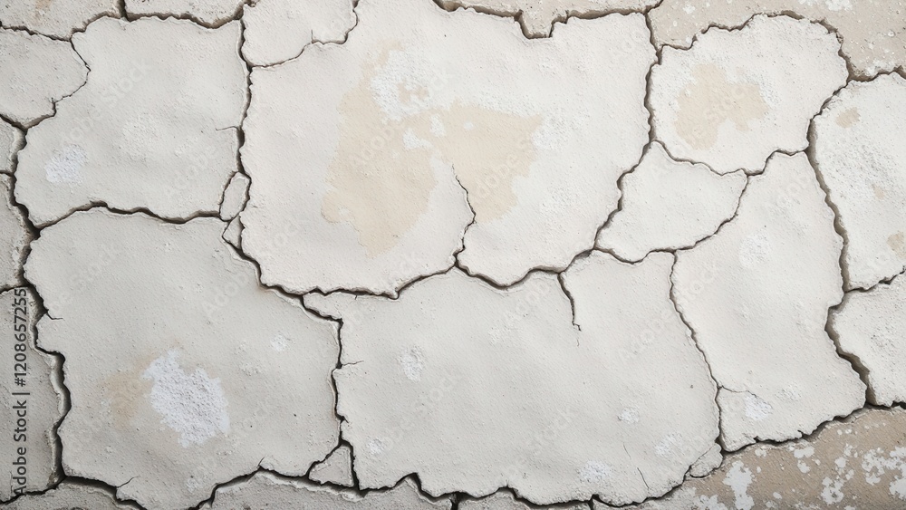 Close-up of a cracked white concrete wall, with intricate fissures and a striking cream spot at its heart, revealing textures and shadows Close-up of a cracked white concrete wall, with intricate fissures and a striking cream spot at its heart, revealing textures and shadows