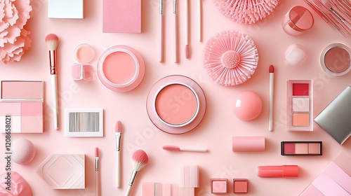 Flat lay arrangement of various pink cosmetic products and applicators on soft pink background