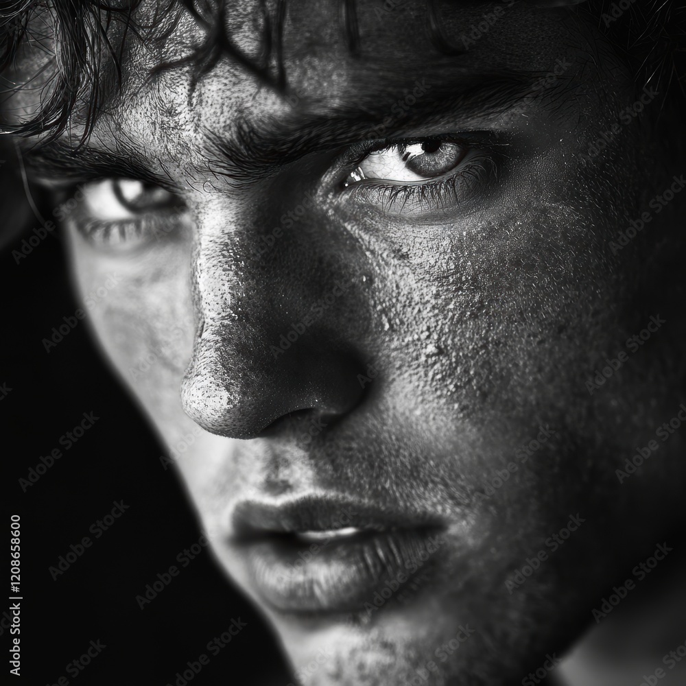 Naklejka premium A striking monochrome portrait captures an intense gaze with intricate details, highlighting the raw texture and emotional depth in a close-up shot.