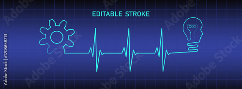Editable blue monitor heart rhythm illustration with head lightbulb, gear, heartbeat line vector to use for healthcare, business idea, healthy lifestyle, medicine, ekg concept illustration projects. 