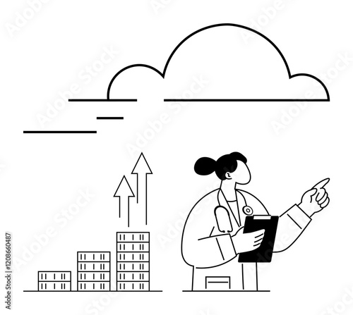 Doctor with clipboard pointing at cloud, bar chart showing upward growth. Ideal for technology, health analytics, innovation, progress, data insights, cloud computing, abstract line flat metaphor
