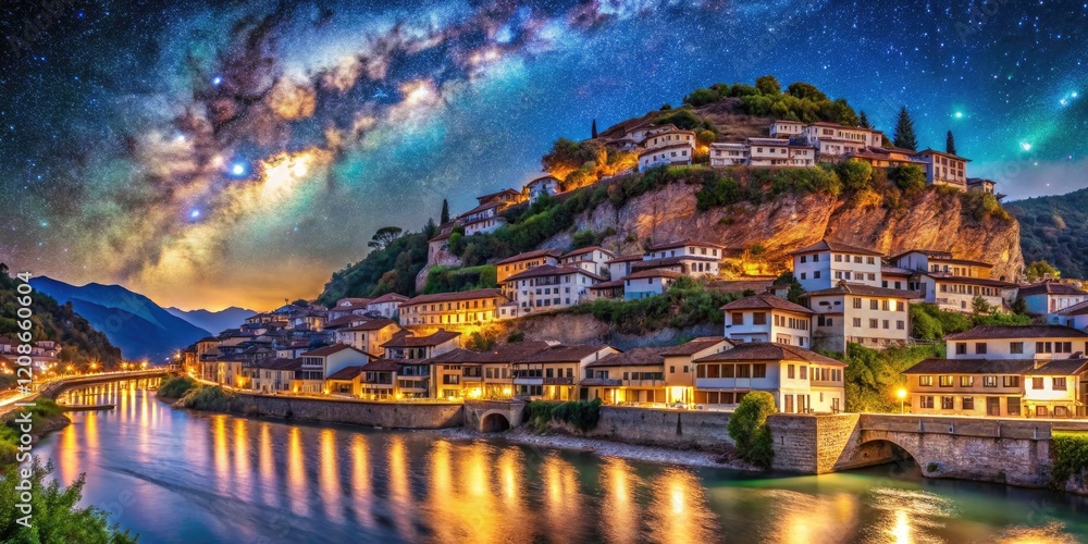 Fototapeta premium Fantastic Berat's old town panorama: a surrealist dream in Albanian architecture.