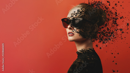 Surreal fashion portrait, woman in sunglasses, abstract effect, black particles, vibrant red background. Artistic concept. Dramatic visual, bold expression.
